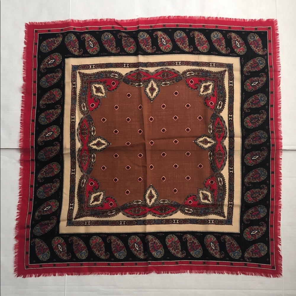 Echo Fine Wool Square Scarf Fringed Edge Black Red Cream Brown